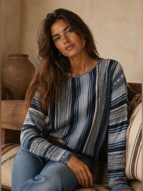 Ralph Lauren Chaps 90’s Boho Blue Indian Blanket Sweater Southwestern Cozy L
